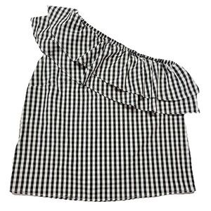 Halogen Women's One Shoulder Ruffle Accent Gingham Top Size Large Black & White